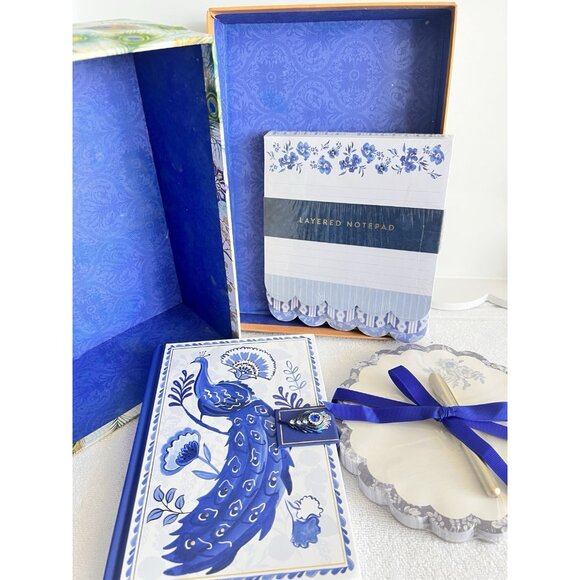 Peacock Gift 4 Pc Set Punch Studios Keepsake Box Lined Journal Layered Notes - Picture 8 of 11